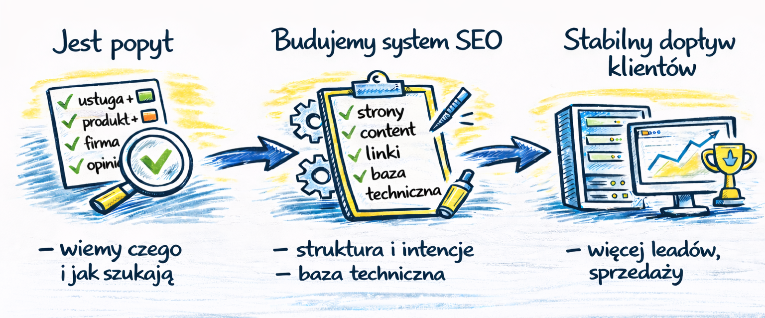 Proces SEO: popyt → budujemy system SEO → stabilny dopływ klientów