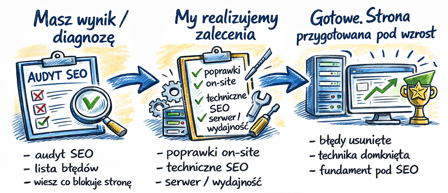 3 kroki: masz wynik/diagnozę → my realizujemy zalecenia → gotowe, strona przygotowana pod wzrost